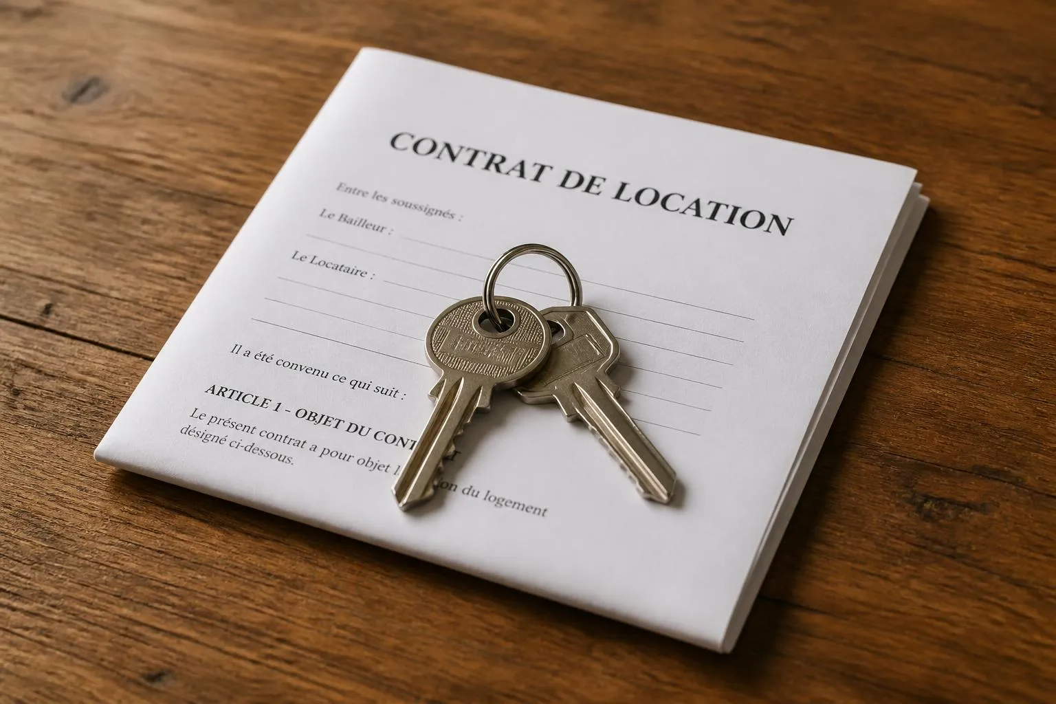 un trousseau de deux clés posées sur un contrat de location plié, sur une table en bois