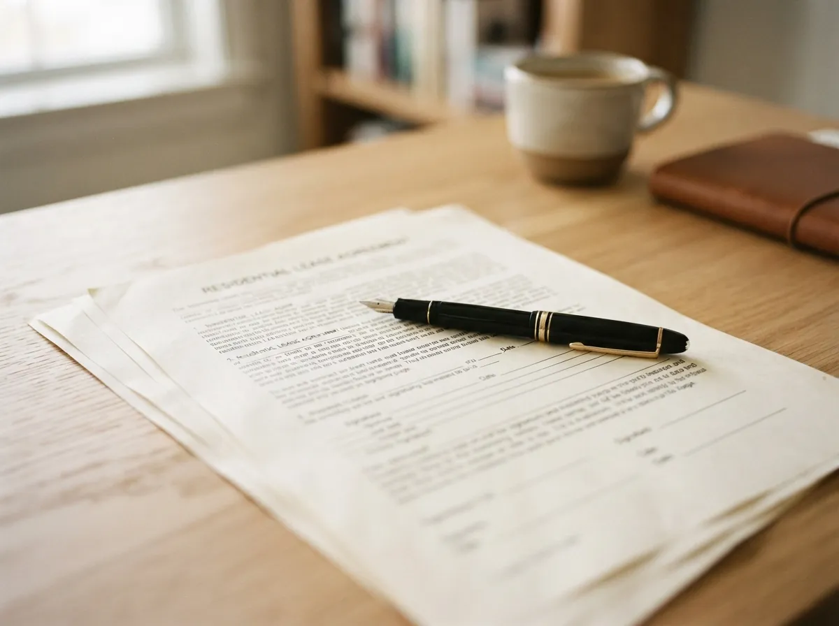 Un contrat de bail imprimé et un stylo posé dessus