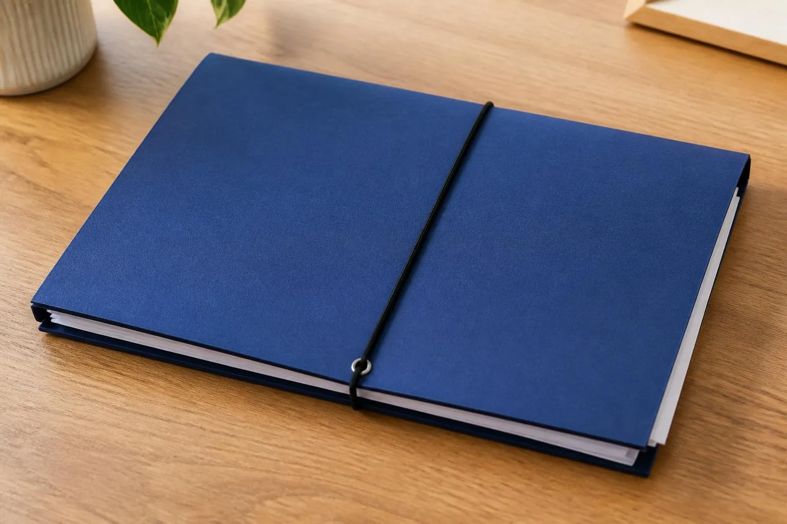 une pochette cartonnée fermée par un élastique, posée sur une table, avec des feuilles de papier qui dépassent légèrement du bord