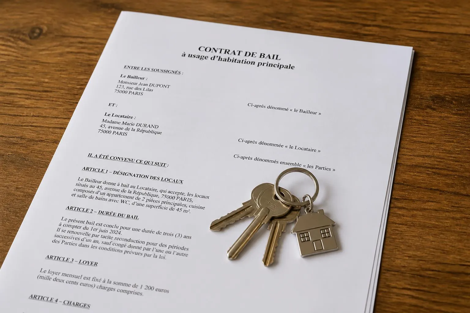 un trousseau de clés posé sur un exemplaire imprimé d'un contrat de bail, sur une table en bois
