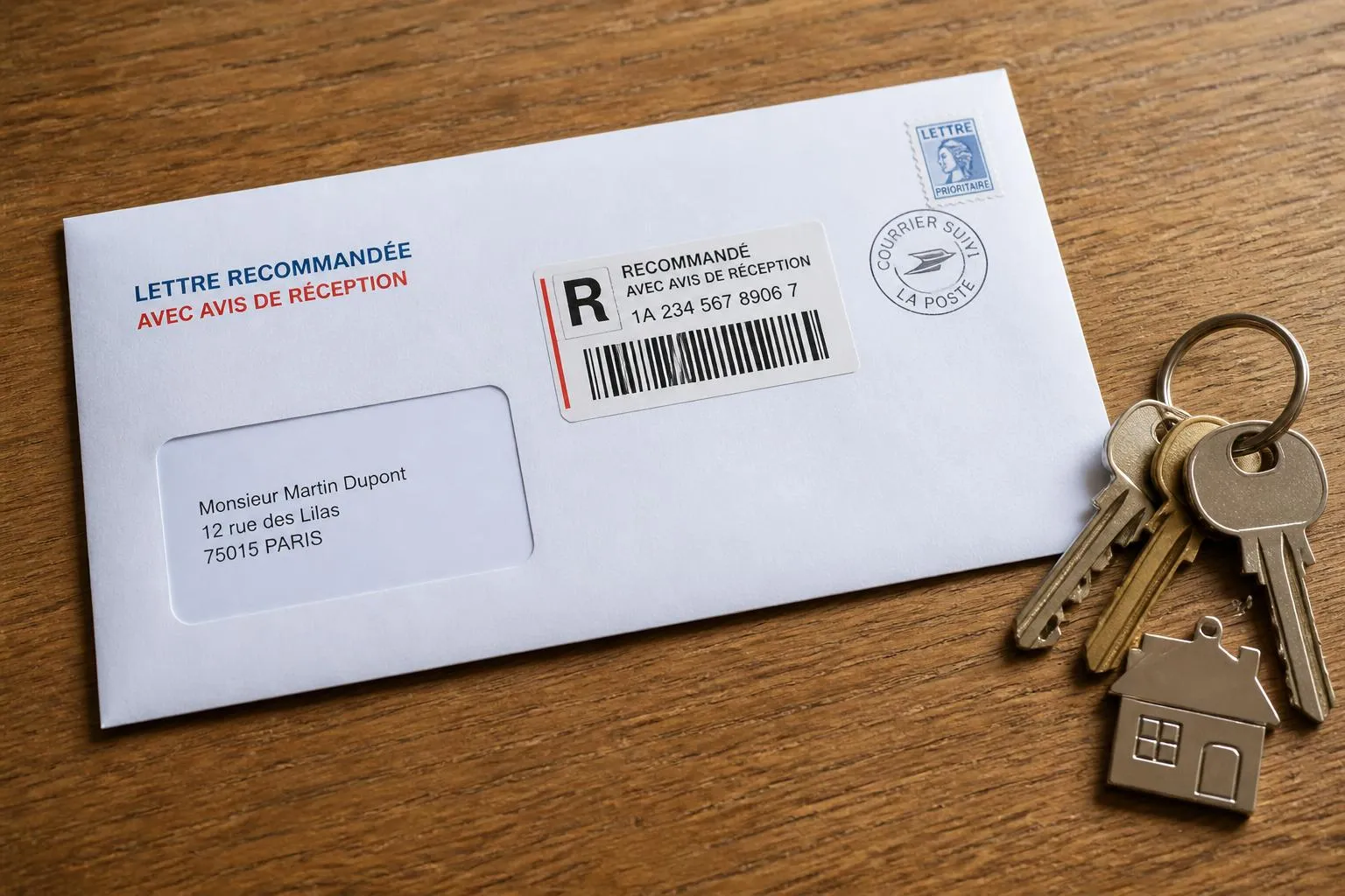 une lettre recommandée avec accusé de réception posée sur une table en bois, à côté d'un trousseau de clés