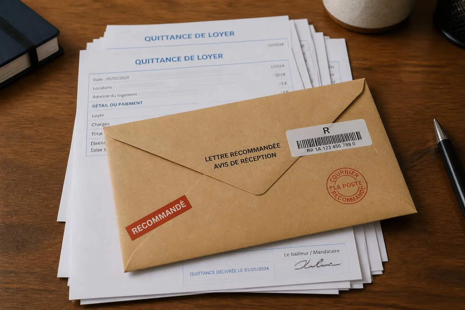 une enveloppe de courrier recommandé cachetée posée sur une pile de quittances de loyer, sur une table