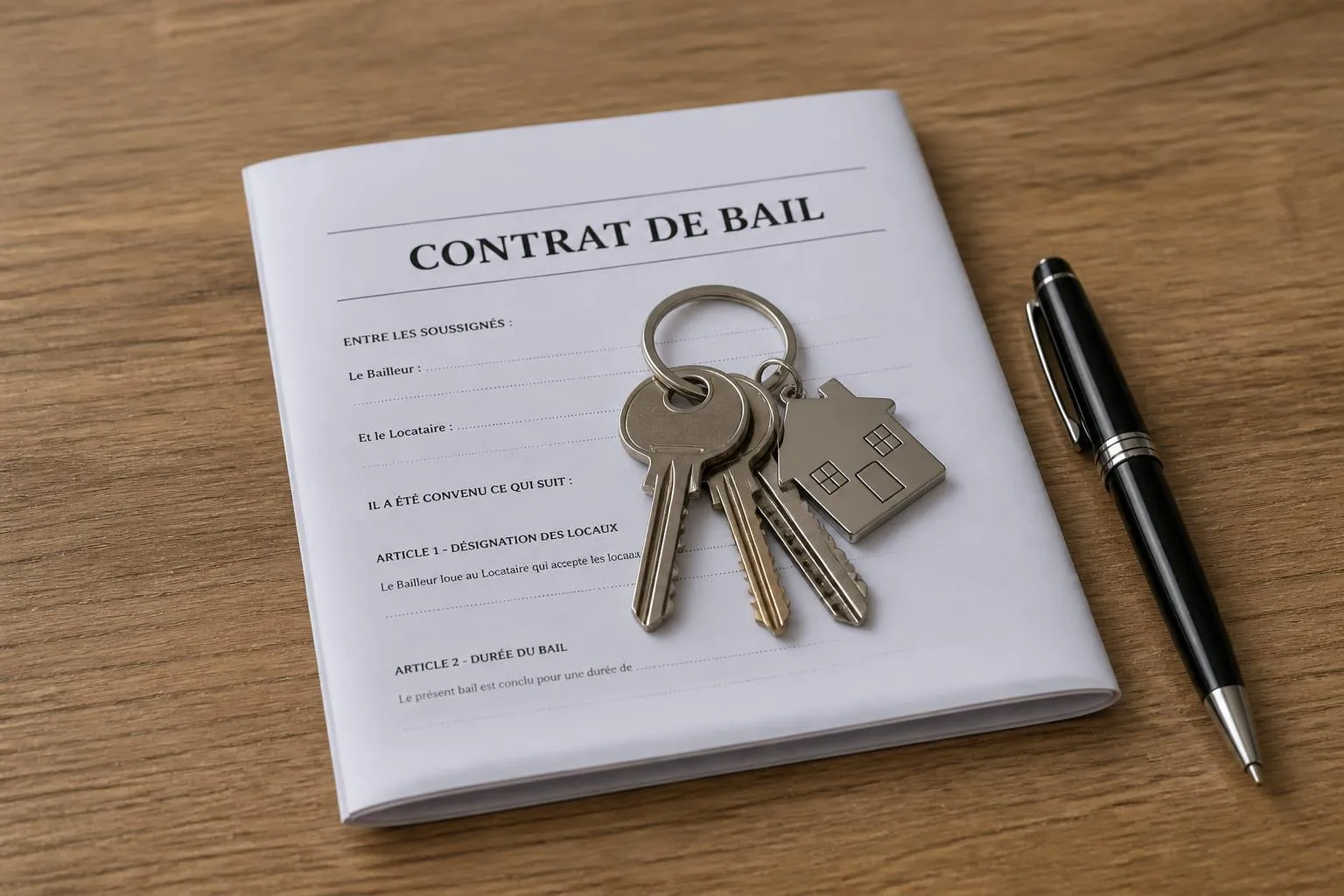 un trousseau de clés posé sur un contrat de bail plié, à côté d'un stylo