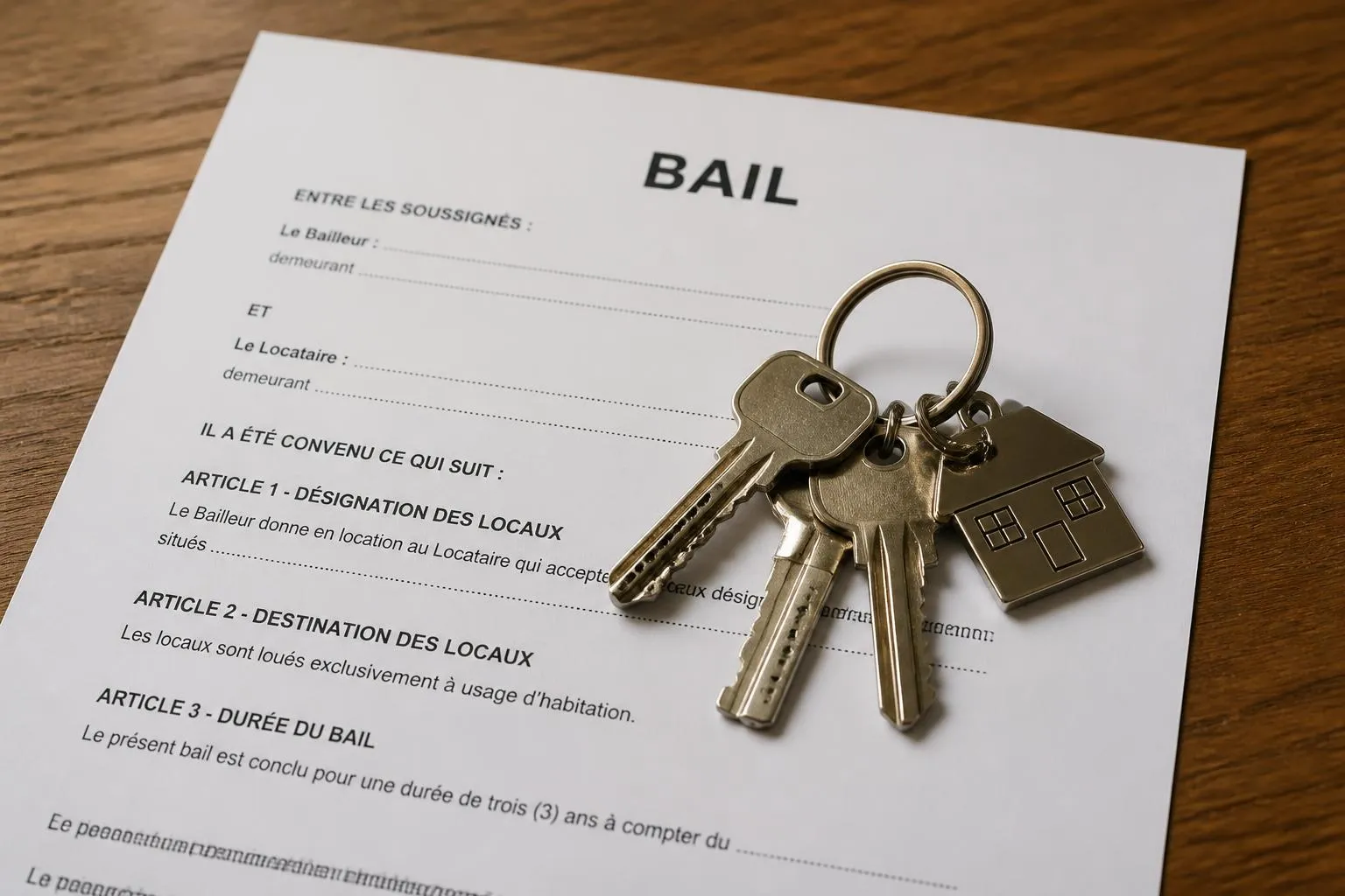 un trousseau de clés posé sur un bail imprimé, sur une table en bois